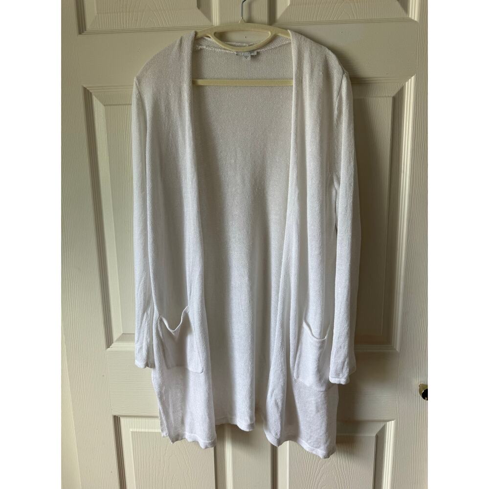 J.Jill White Open Knit Cardigan Linen Blend Size M Pockets Coastal‎ Layering